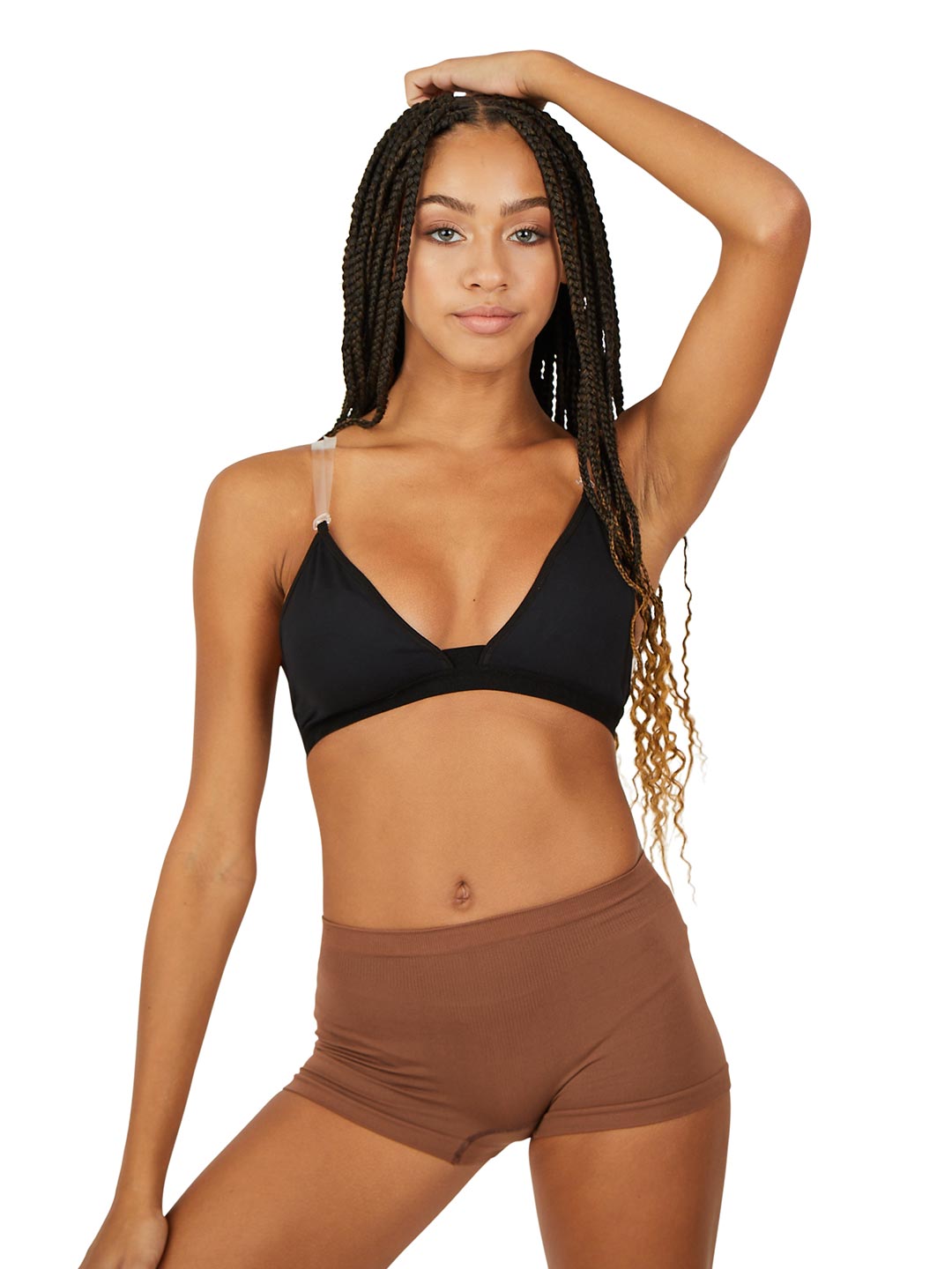Deep neck clear back bra for girls with adjustable straps - black